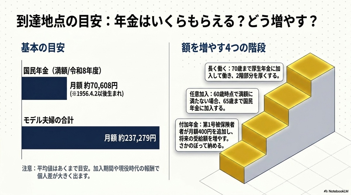 国民年金の満額目安とモデル夫婦の合計額および年金額を増やす4つの段階の階段グラフ