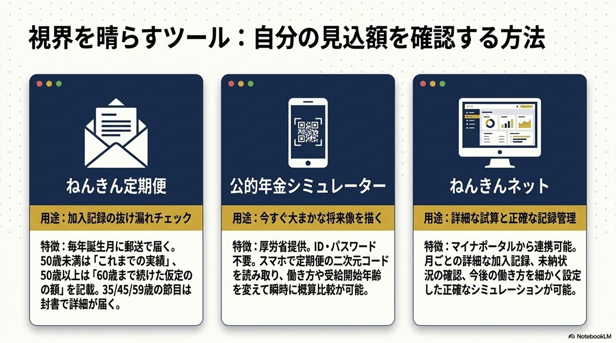ねんきん定期便・公的年金シミュレーター・ねんきんネットの用途と特徴を比較したツール紹介図
