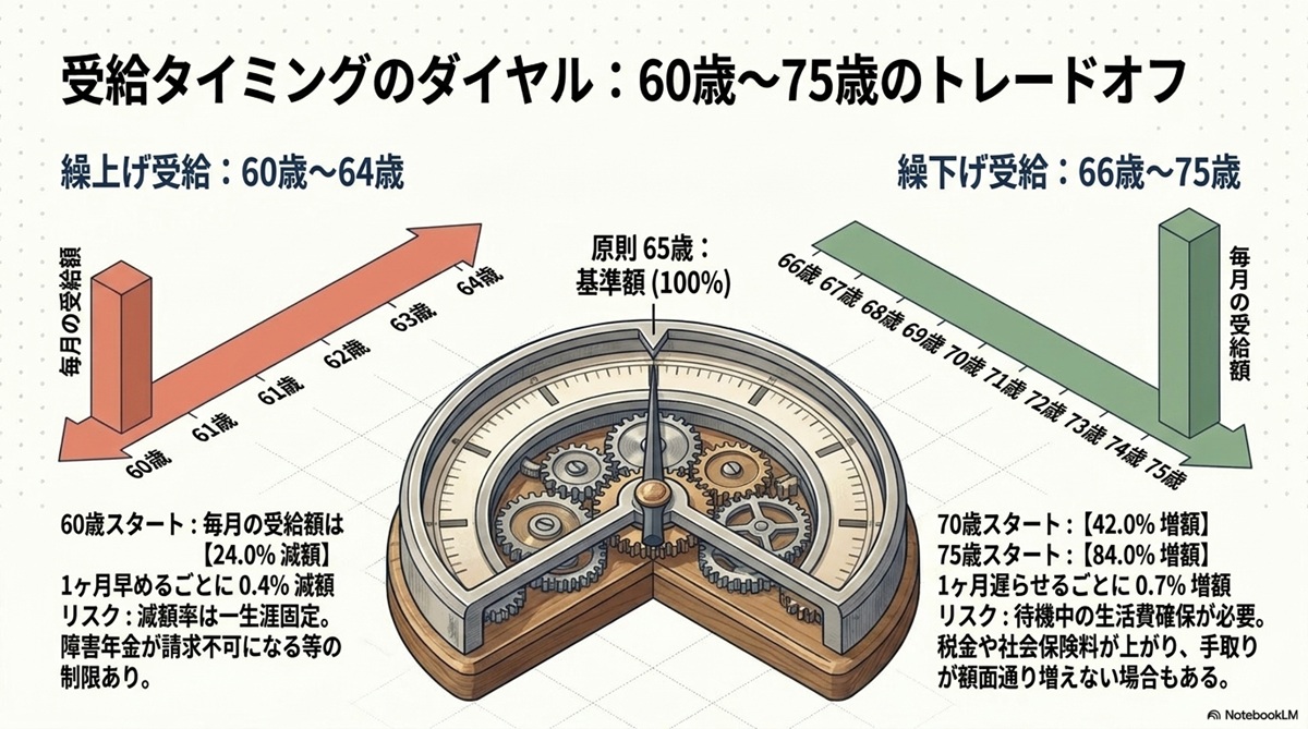 60歳から75歳までの年金の繰上げ受給・繰下げ受給の減額率と増額率を表したトレードオフのダイヤル図