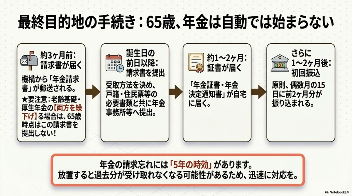65歳からの老齢年金請求書の到着から提出・証書到着・初回振込までのスケジュールと時効に関する流れ図