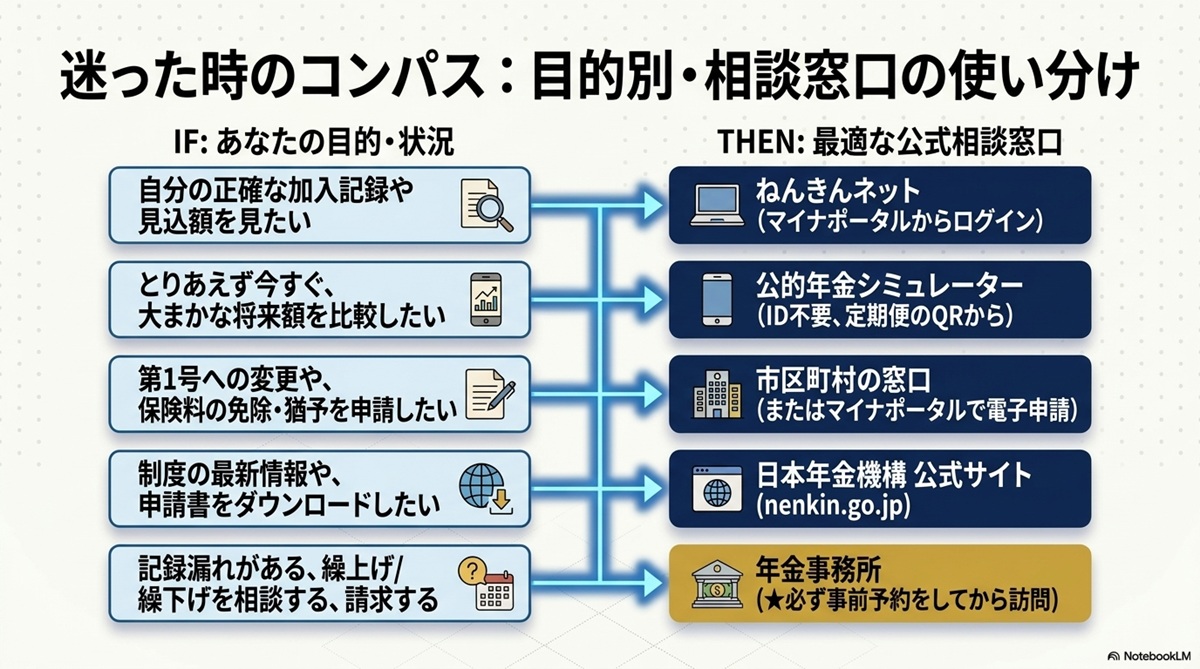 ねんきんネットや市区町村窓口・年金事務所など目的と状況に応じた公式相談窓口の使い分け早見表