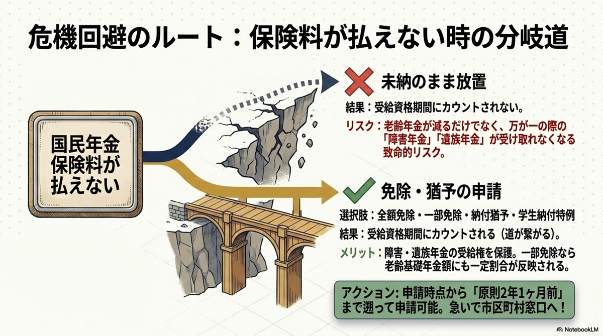 国民年金保険料が払えない時の未納放置リスクと免除・猶予申請のメリットを表した分岐ルート図