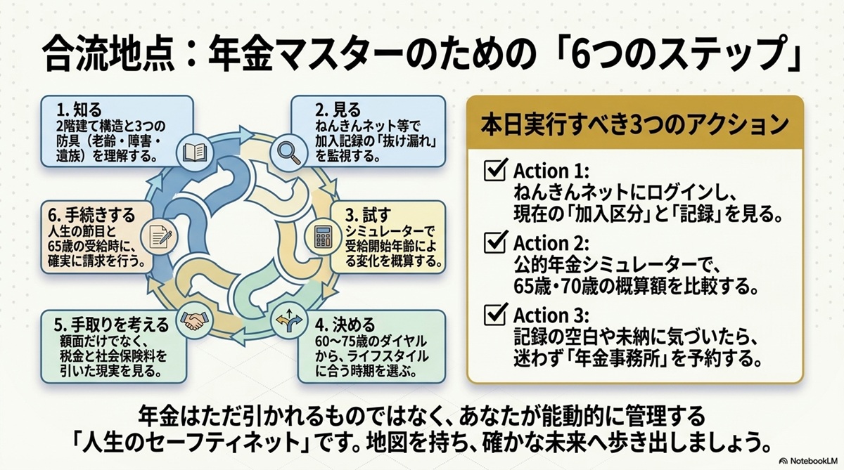 年金を能動的に管理するための6つのステップと本日実行すべき3つのアクションのまとめ図