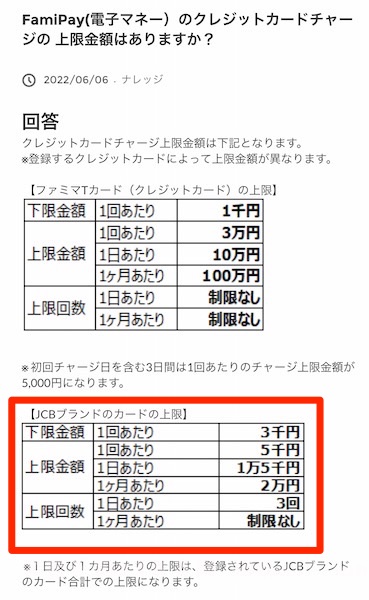 ファミペイ　JCB　チャージ　上限