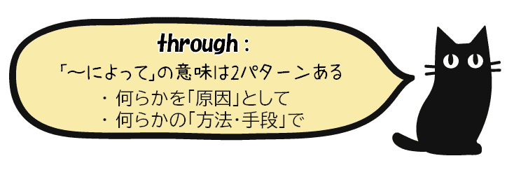throughの「~を通じて」と「~のせいで」の意味