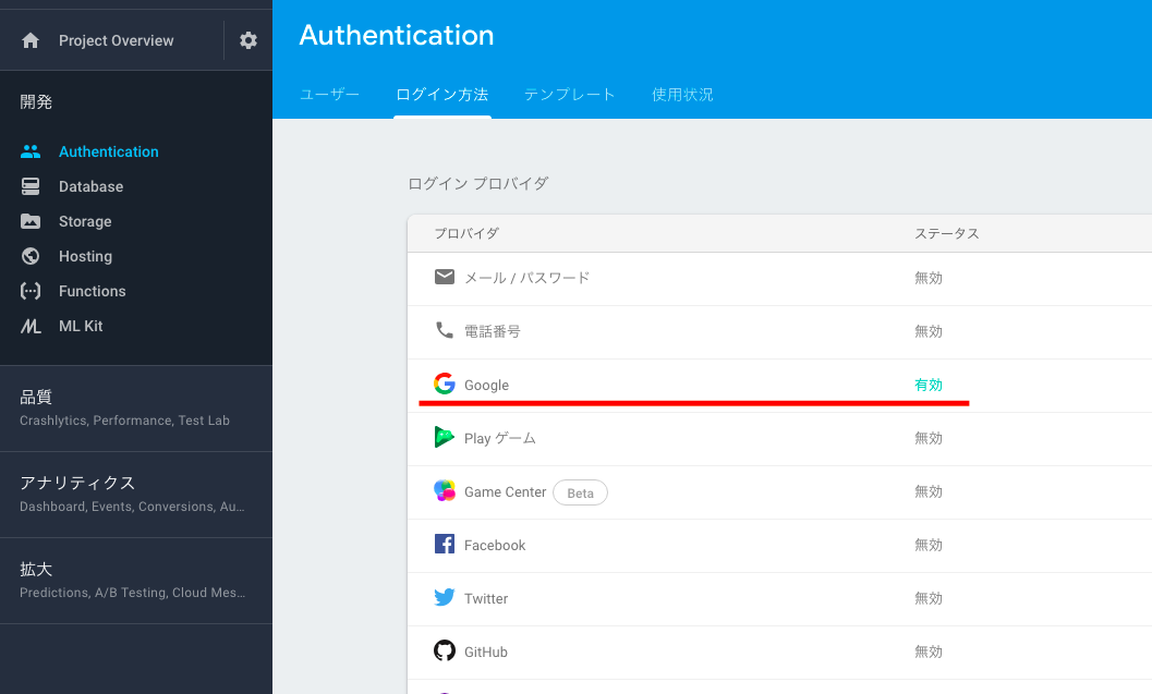 firebase認証のログインプロバイダにGoogleアカウントを設定