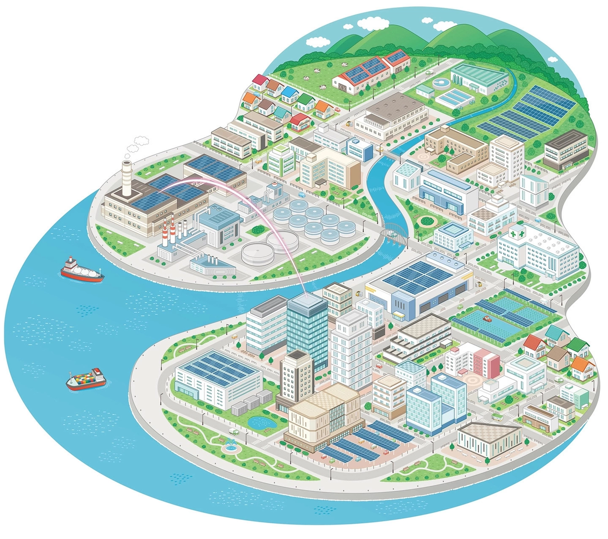 街並み俯瞰図　アイソメトリックイラスト制作/イラストレーターいわたまさよし