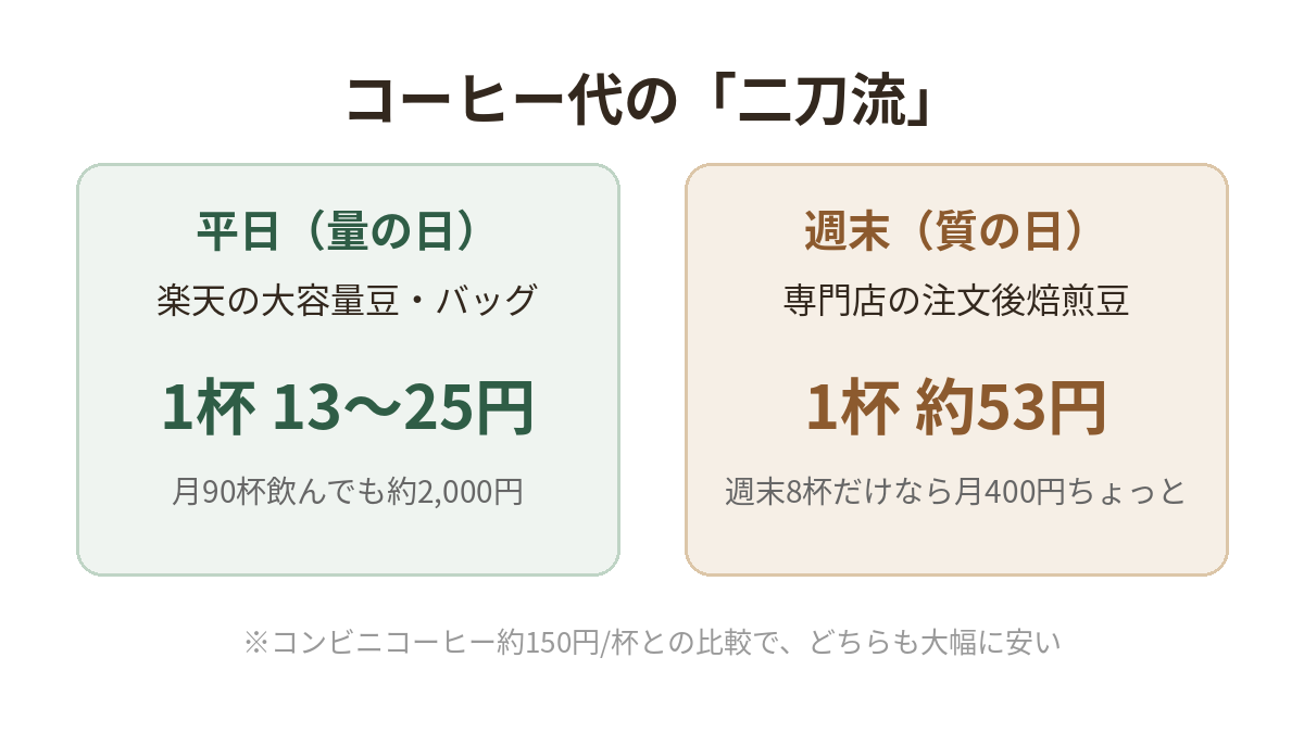 コーヒー代の二刀流:平日は楽天の大容量で1杯13〜25円、週末は専門店の豆で1杯約53円