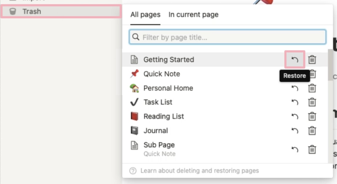 矢印マーク（Restore）で復活