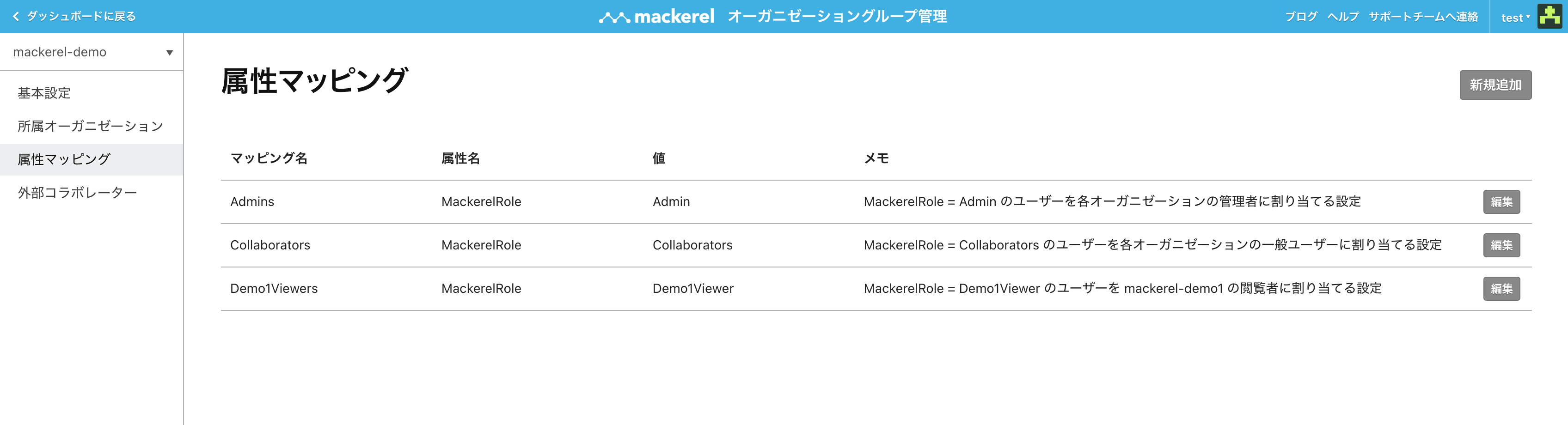 属性マッピングの一覧画面。属性マッピング名、属性名、属性値、メモが表形式で一覧表示されている。画面右上には「新規追加」ボタン、各行の右端には「編集」ボタンがある。