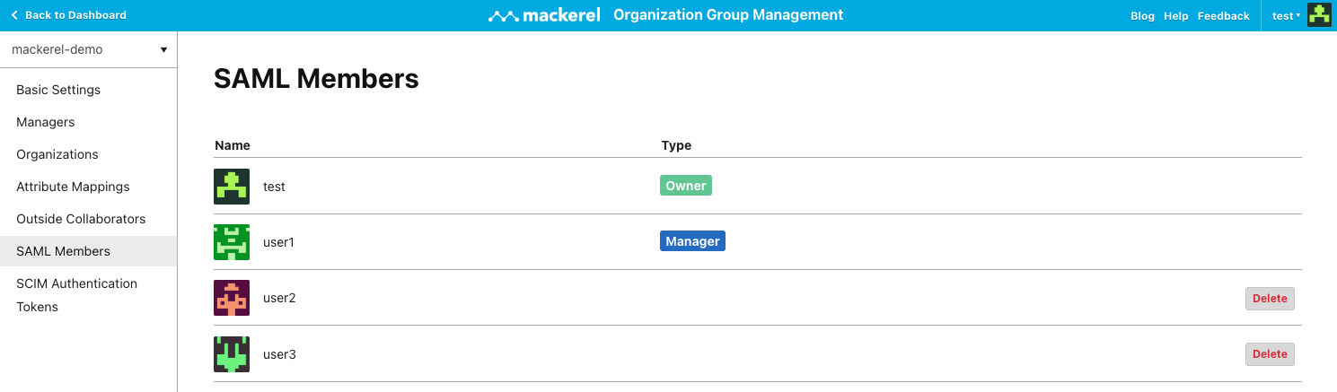 Member management screen. Displays a list of users related to the organization group in table format. For users who are not the owner or managers, there is a Delete button at the right end of the row.