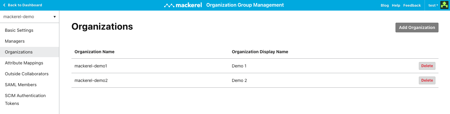 Affiliated Organizations List screen. Displays a list of organizations in table format. There is an Add Affiliated Organization button at the top right of the screen. There is a Delete button on the right end of the row for each organization.