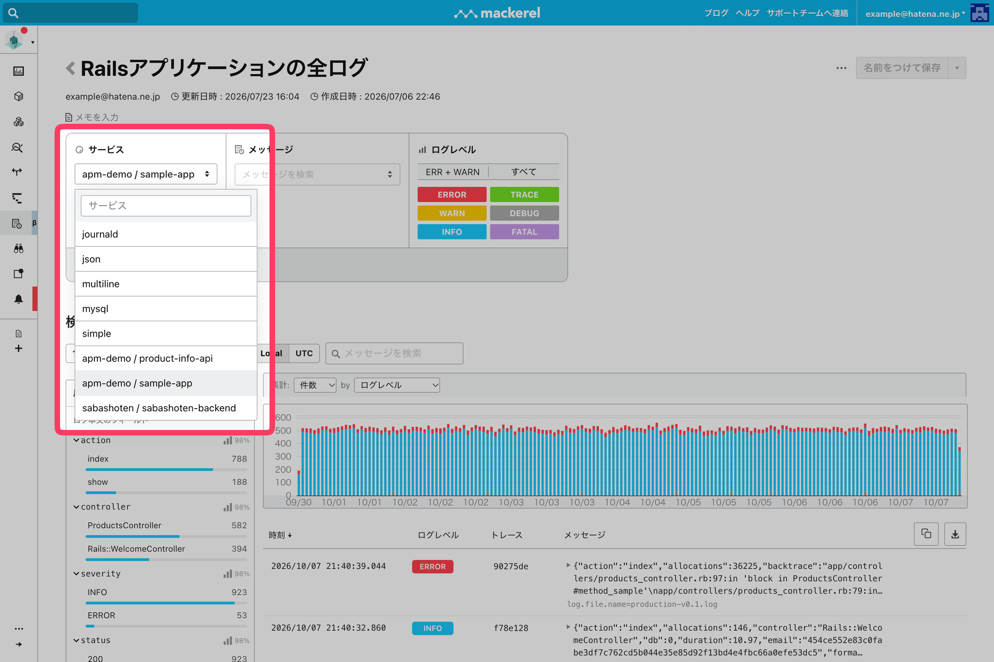 ログ機能の画面（サービス単位での検索）