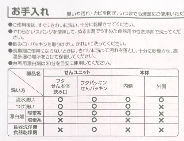 サーモス真空断熱マグのパッケージの「お手入れカンタン」部分