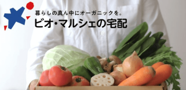 ビオ・マルシェのロゴと段ボールに入った野菜