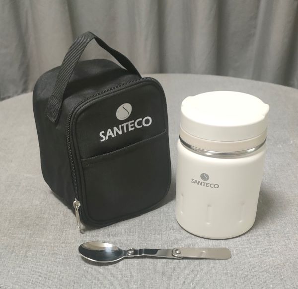 SANTECOスープジャーの本体・保温バッグ・スプーンの全体像