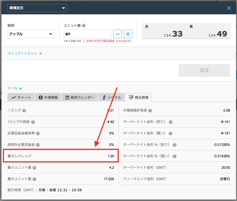 iFOREXの個別銘柄の最大レバレッジの確認