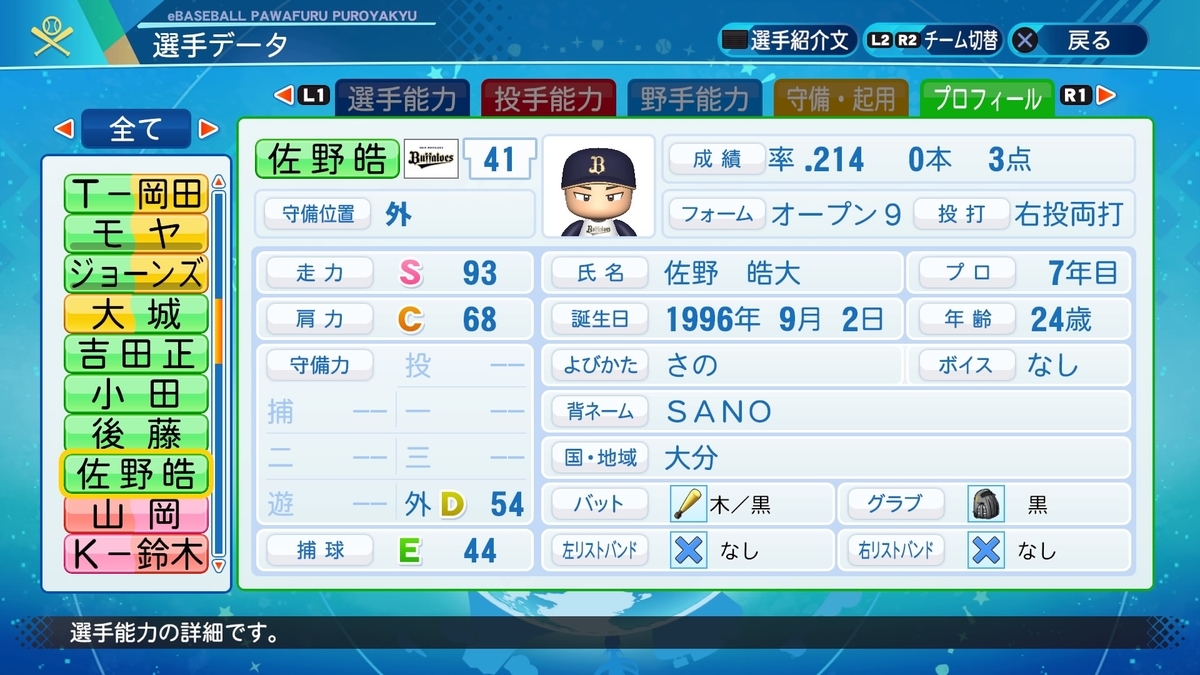 パワプロでオリックスの選手紹介 佐野選手 パワプロ21ver1 15 マエピーのパワプロ日記