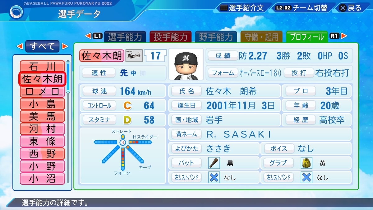 パワプロでロッテの選手紹介 佐々木 朗希 選手 パワプロ22ver1 05 マエピーのパワプロ日記