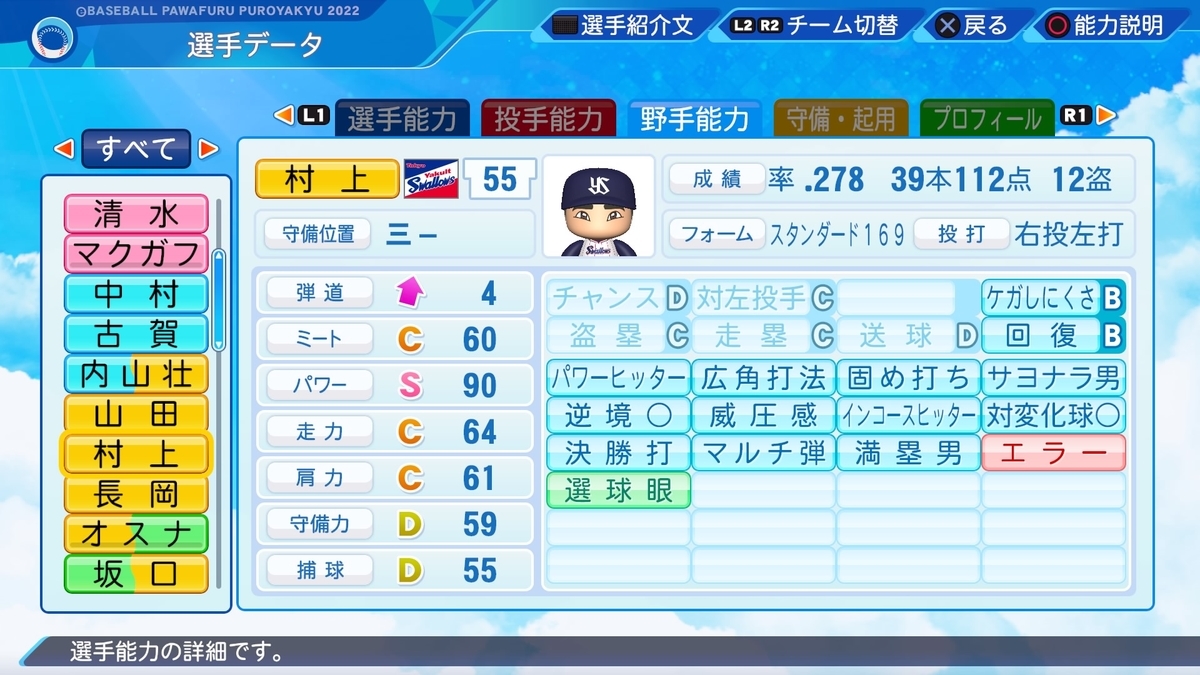 パワプロでヤクルトの選手紹介 村上選手 パワプロ22ver1 07 マエピーのパワプロ日記