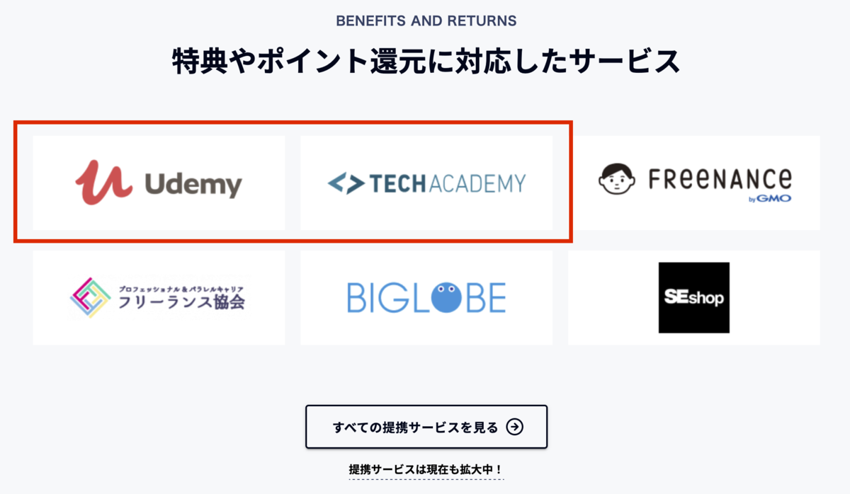テックビズ特典、ポイント還元提携サービスの一部