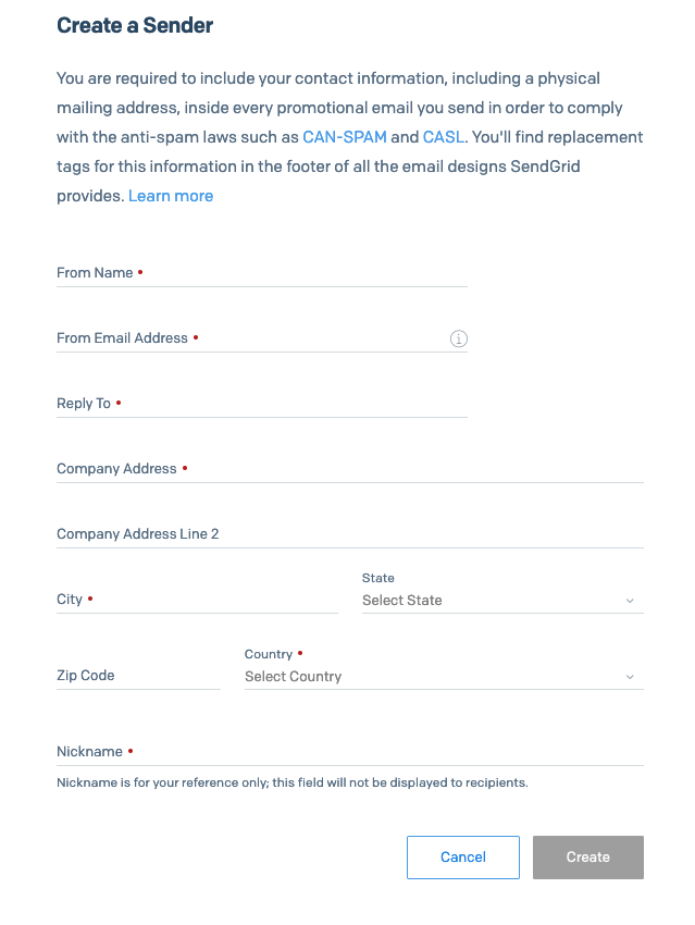SendGrid Single Sender Verification 登録フォーム
