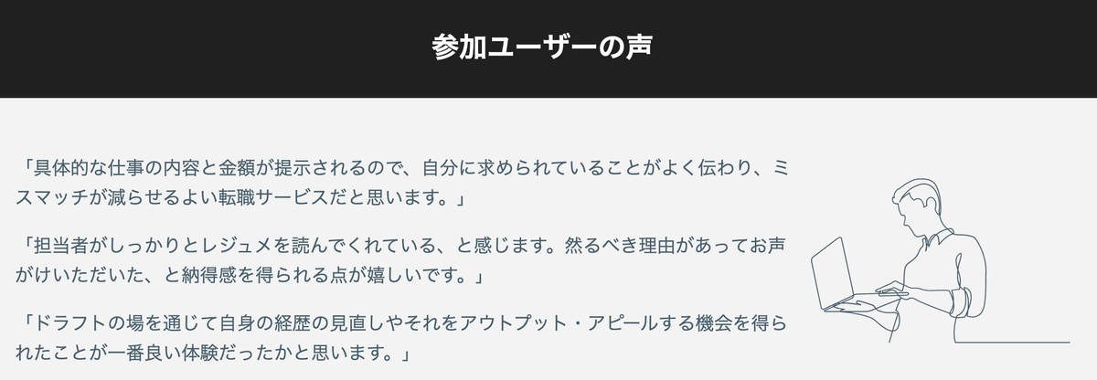 転職ドラフト参加者からの評判 自身のキャリアを見なおすことができる.