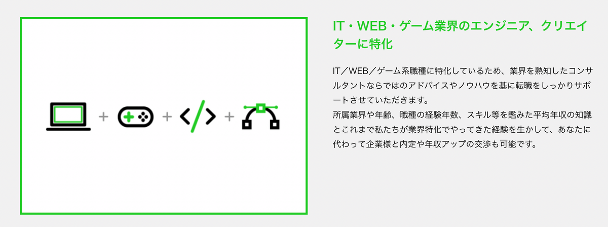 IT・WEB・ゲーム業界のエンジニア、クリエイターに特化 IT／WEB／ゲーム系職種に特化しているため、業界を熟知したコンサルタントならではのアドバイスやノウハウを基に転職をしっかりサポートさせていただきます。所属業界や年齢、職種の経験年数、スキル等を鑑みた平均年収の知識とこれまで私たちが業界特化でやってきた経験を生かして、あなたに代わって企業様と内定や年収アップの交渉も可能です