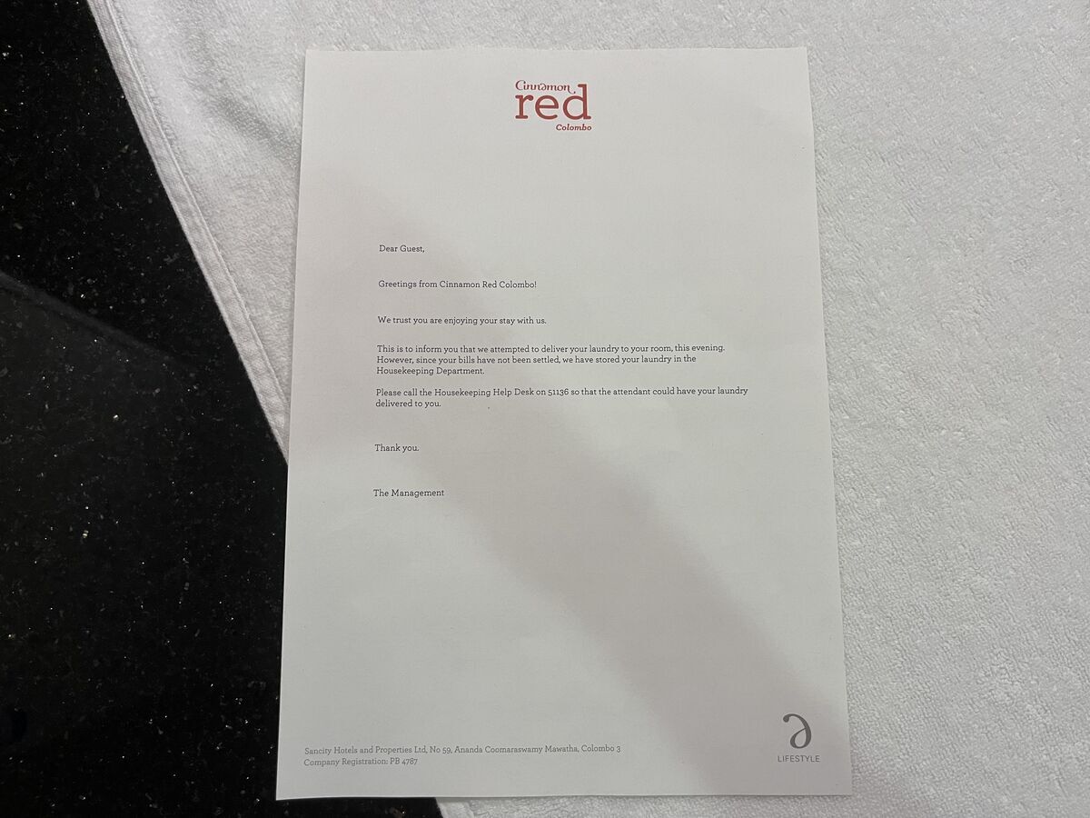 This is to inform you that we attempted to deliver your laundry to your room, this evening However, since your bills have not been settled, we have stored your laundry in the Housekeeping Department Please call the Housekeeping Help Desk on 51136 .jpeg