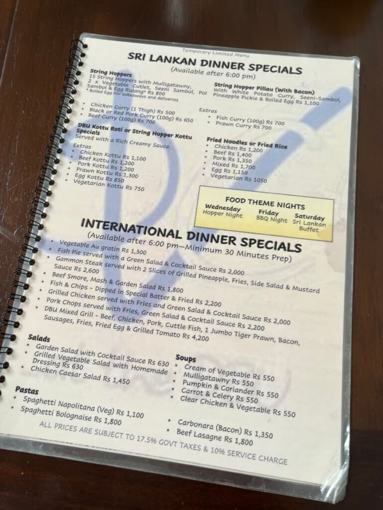 dinner special menu PM 18 VOC Cafe Dutch Burgher Union