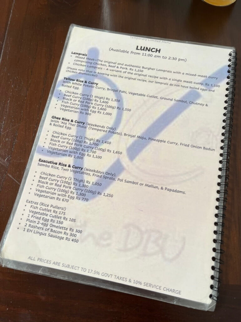lunch menu VOC Cafe 1100 - 1430 Dutch Burgher Union