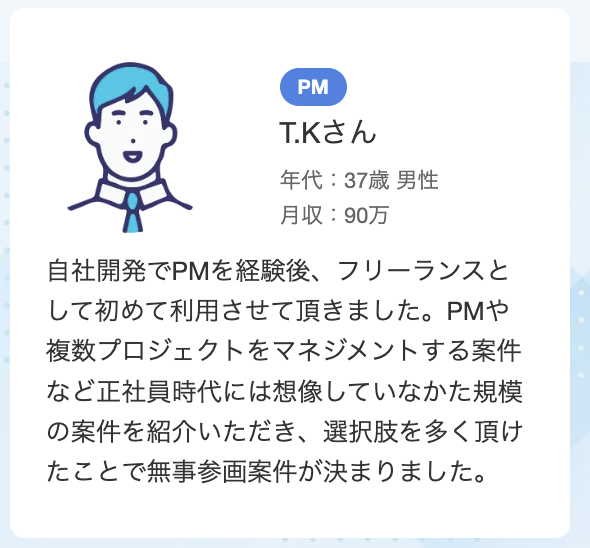 37歳 男性 PM 月収90万 自社開発でPMを経験後、フリーランスとして初めて利用させて頂きました。PMや複数プロジェクトをマネジメントする案件など正社員時代には想像していなかた規模の案件を紹介いただき、選択肢を多く頂けたことで無事参画案件が決まりました