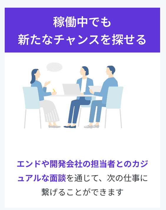 稼働中でも新たなチャンスを探せる エンドや開発会社の担当者とのカジュアルな面談を通じて次の仕事に繋げることができます