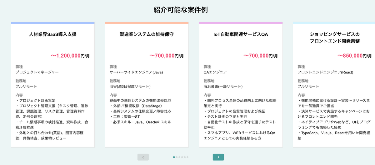 紹介可能な案件例 人材業界Saas導入支援 製造業システムの維持保守 IoT自動車関連サービスQA ショッピングサービスのフロントエンド開発業