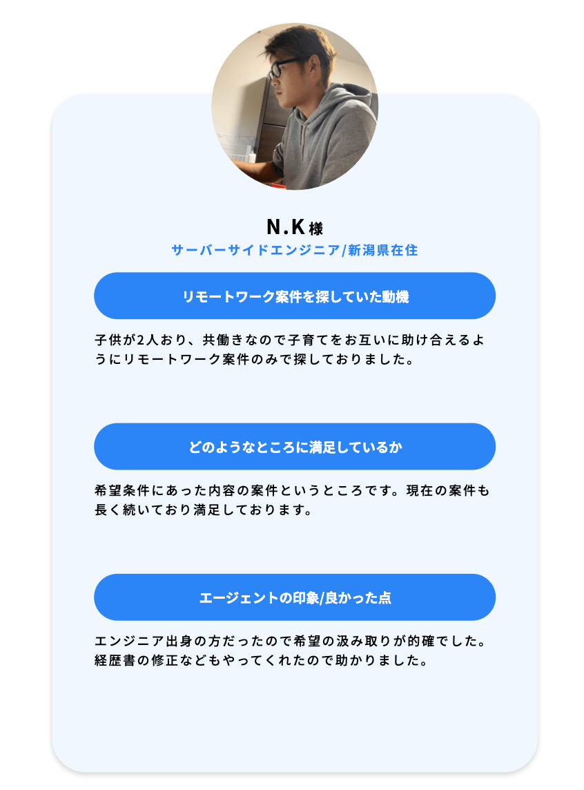 N K様 サーバーサイドエンジニア-新潟県在住 リモートワーク案件を探していた動機 子供が2人おり、共働きなので子育てをお互いに助け合えるようにリモートワーク案件のみで探しておりました。どのようなところに満足しているか 希望条件にあった内容の案件というところです。現在の案件も長く続いており満足しております。エージェントの印象-良かった点 エンジニア出身の方だったので希望の汲み取りが的確でした。経歴書の修正などもやってくれたので助かりました。.png