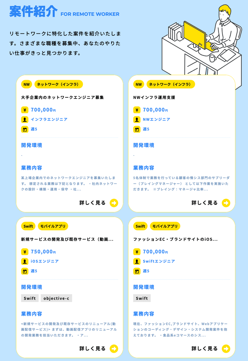 案件紹介 FOR REMOTE WORKER リモートワークに特化した案件を紹介いたします。さまざまな職種を募集中、あなたのやりたい仕事がきっと見つかります。.png