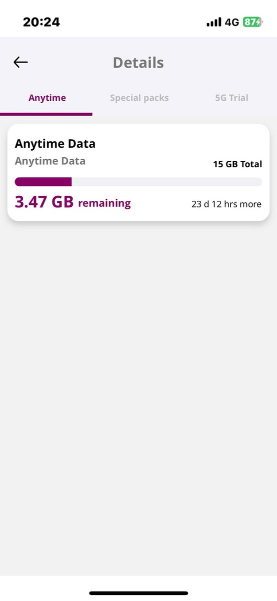 MyDialogアプリの残量表示画面。Anytime 15GB中 3.47GB 残り、残り日数は23日12時間