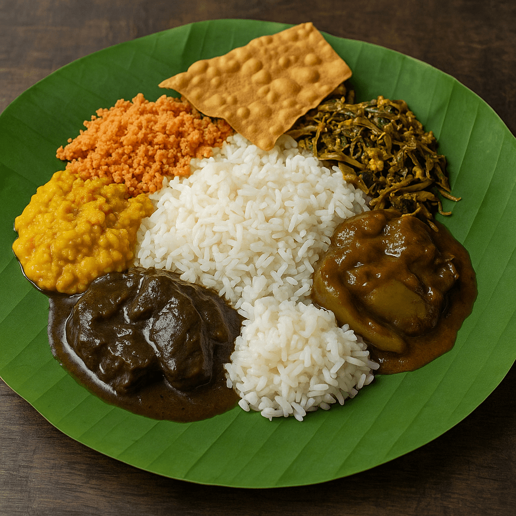 スリランカのライス＆カリーをバナナリーフに盛り付けたプレート。白米、パリップ（レンズ豆カレー）、ポルサンボル、ケセルムワ（バナナの花炒め）、マール（魚カレー）、アンバ（マンゴーカレー）、パパダンが彩りよく並ぶ