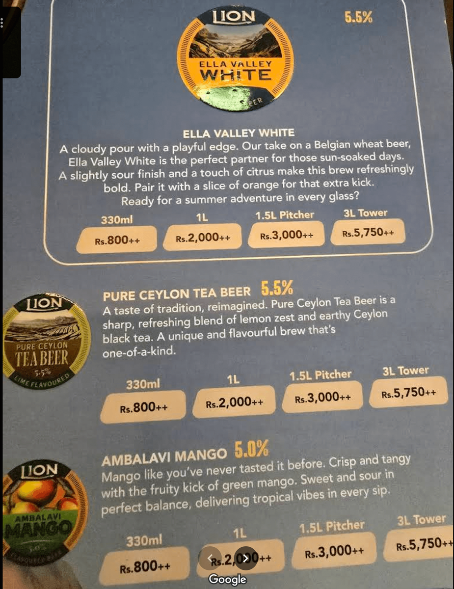 Playtrix Sports Bar and Cafeのクラフトビールメニュー。Ella Valley White(5.5%)、Pure Ceylon Tea Beer(5.5%)、Ambalavi Mango(5.0%)の3種が掲載され、330ml・1L・1.5Lピッチャー・3Lタワーの価格が表示されている。