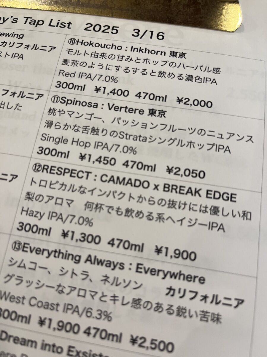 ENDOJI BREWING NAGOYA CITY タップリスト（2025年3月）