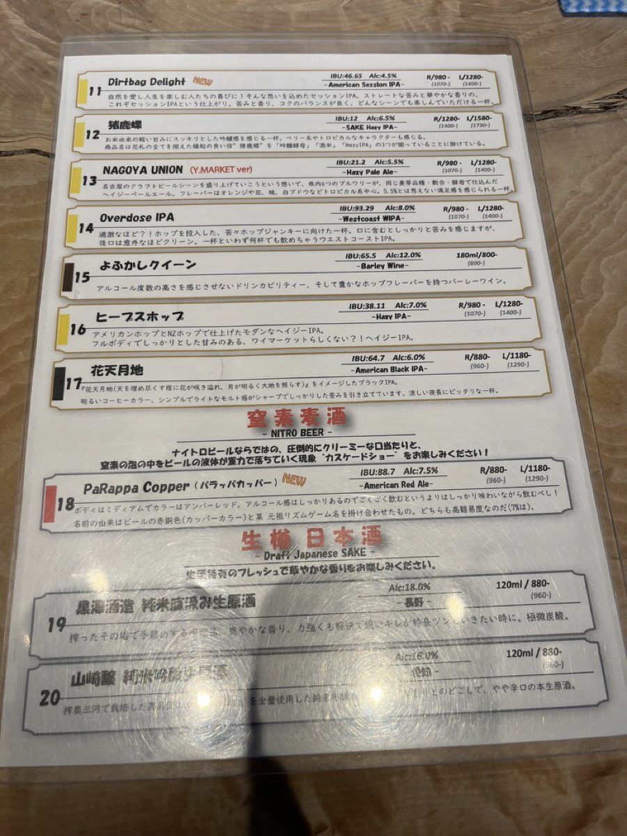 ナゴロバ クラフトビールメニュー 2025年6月 11-20番 NAGOYA UNION 猪鹿蝶