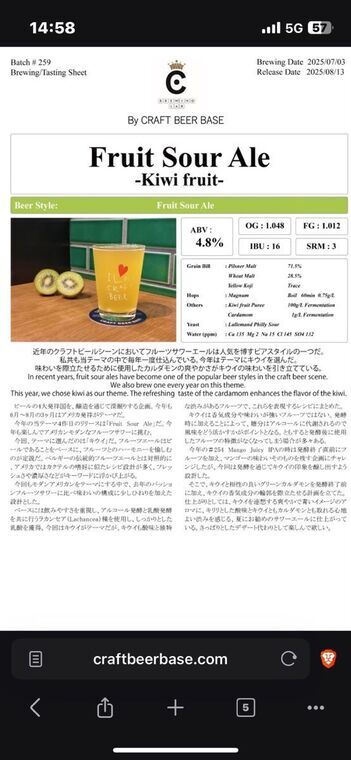 クラフトビアベース Fruit Sour Ale Kiwi fruit レシピ テイスティングシート
