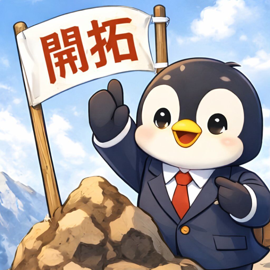 カイタクエージェントの公式マスコットキャラ「カイタ君」。ファーストペンギン＝開拓精神が由来