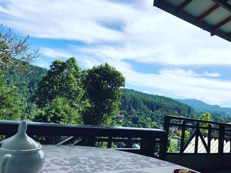 Ella Highest Innのテラスから山と紅茶畑を望む
