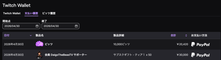 Twitch Walletの支払い履歴。サブスクギフト50件と10000ビッツの購入記録