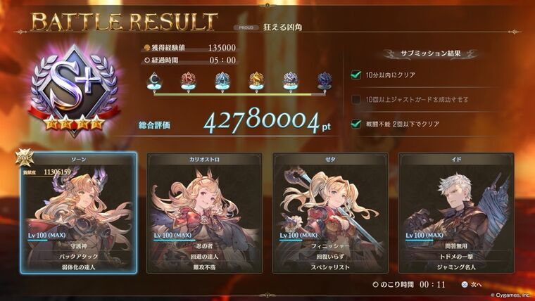 S+クリア結果(経過時間05:00・サブミは10分以内クリアと戦闘不能2回以下のみ達成)