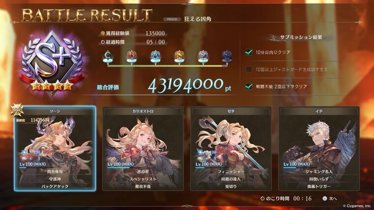 S+クリア結果(経過時間05:00・4319万pt)