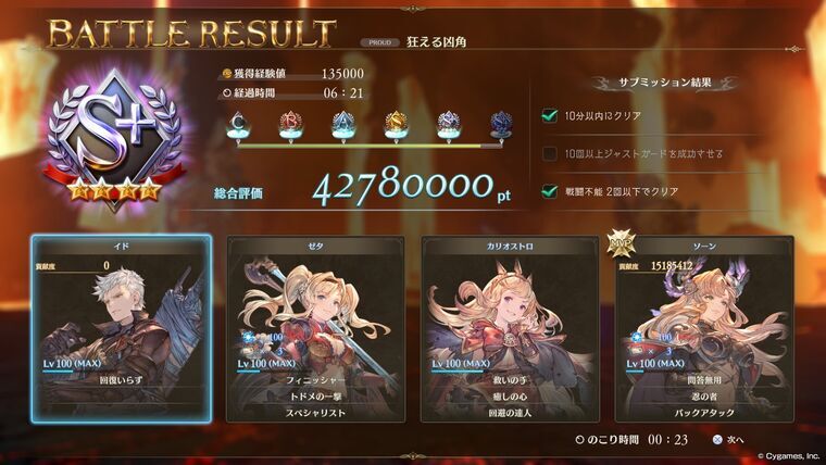 放置編成のクリア結果(経過時間6:21・S+・イド貢献度0=完全放置・ソーンMVP)