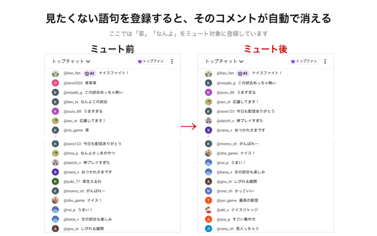 YouTubeライブチャットで語句「草」「なんか」をミュート登録する前と後の比較。登録後は該当コメントが消えている