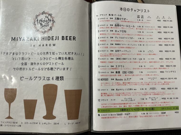 ひでじビールHAROWの本日のタップリスト 12種